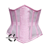 Baby Pink Mesh Satin Stripes Burlesque Gothic Front Closed Waist Training Underbust Corset
